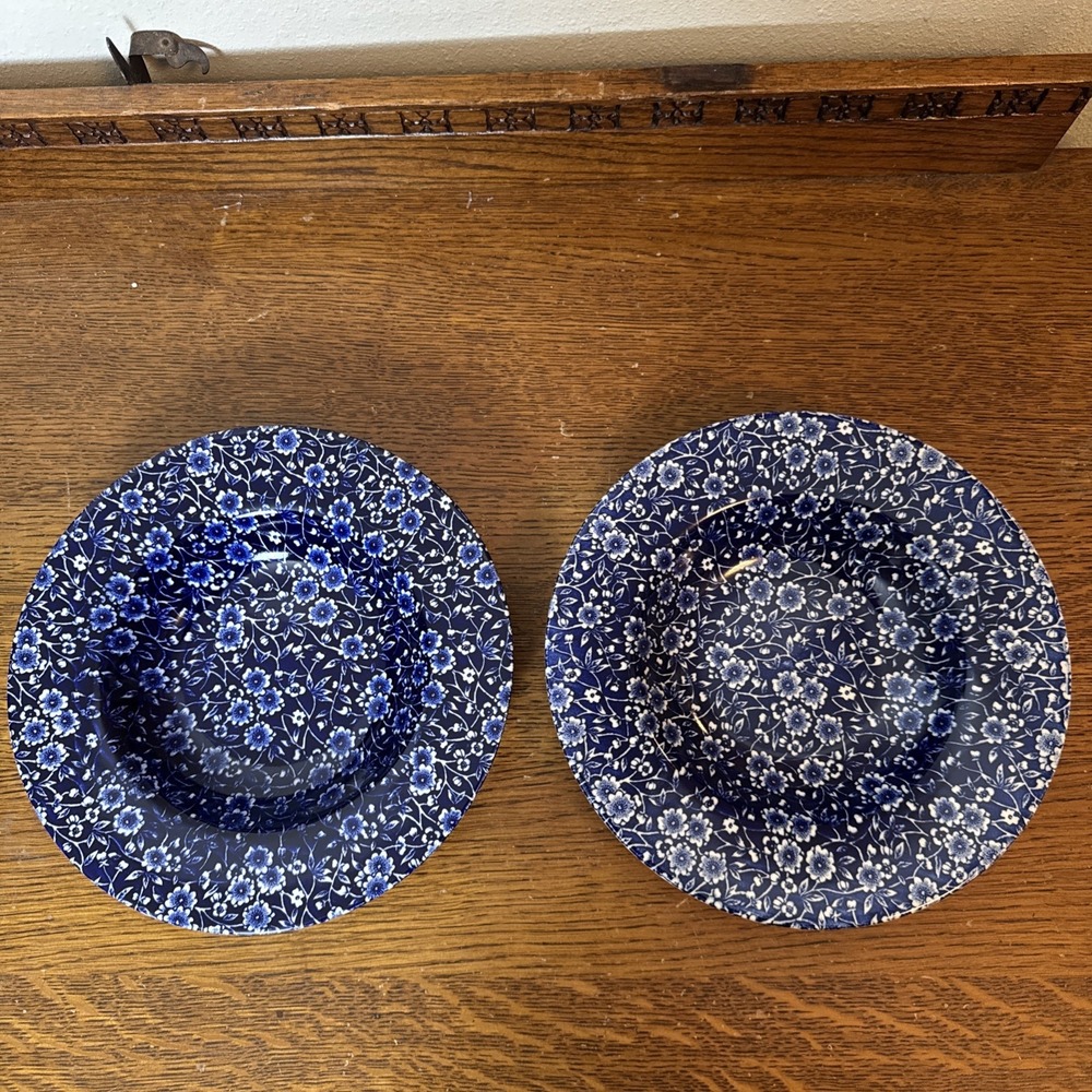 Staffordshire Blue Calico Chintz Floral Flat Rimmed Soup Bowl, 9" Set Of 2